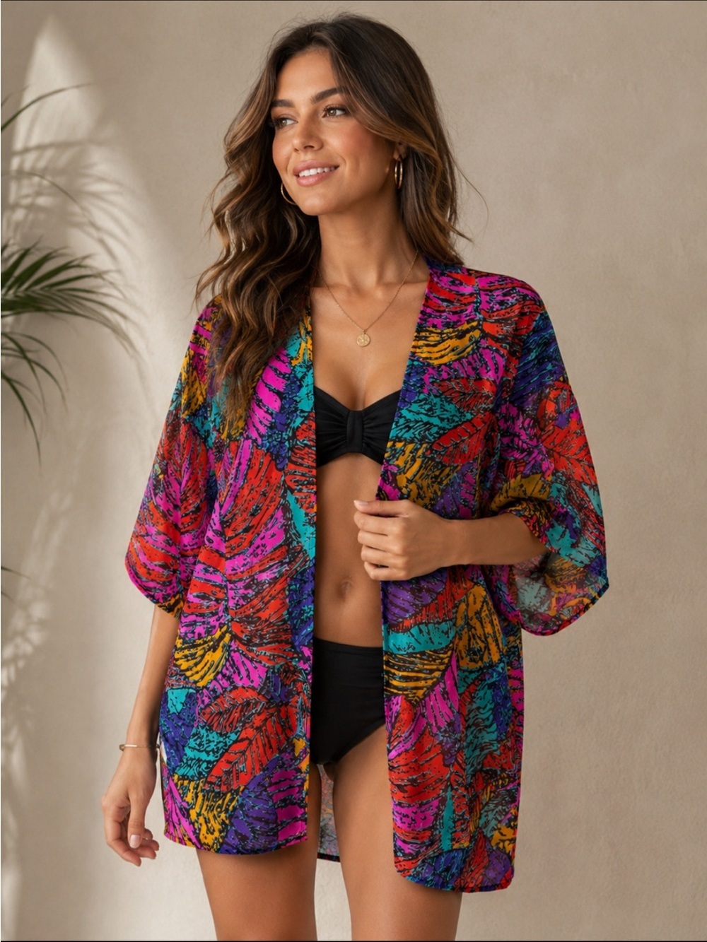 Tropical Leaf Print Open Kimono in Multicolor #13